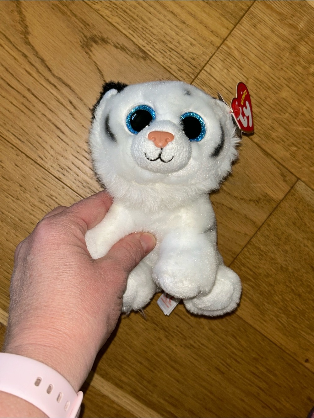 Ty White Tiger Plush with Blue Glitter Eyes and Peach Nose